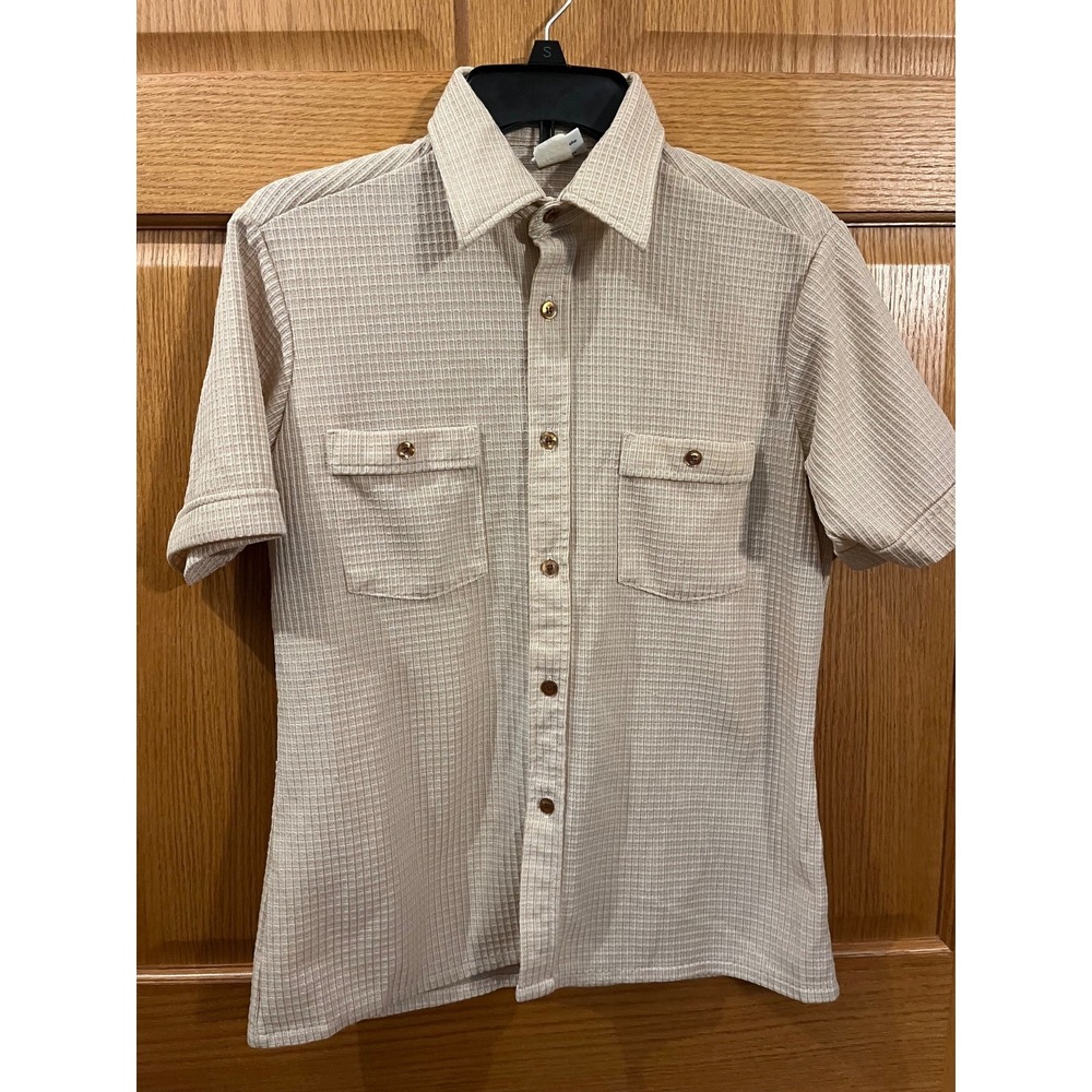 Vintage John Blair Textured Waffle Weave Botton Up Short Sleeve Mens M Off White